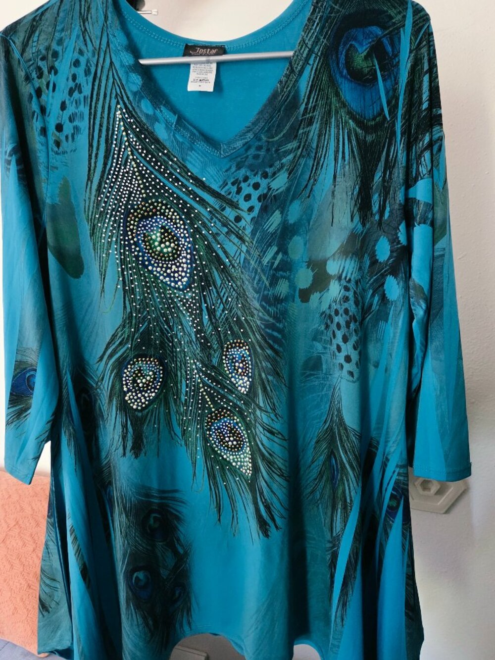 Women's Jostar Size Medium/M Turquoise Peacock tunic/Handkerchief Hem/V-neck